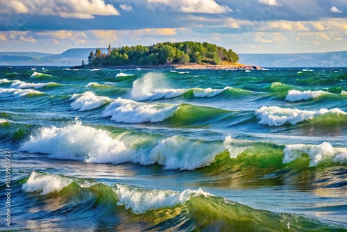 Close-up view of waves and whitecaps with Power Island in Grand Traverse Bay Michigan photo