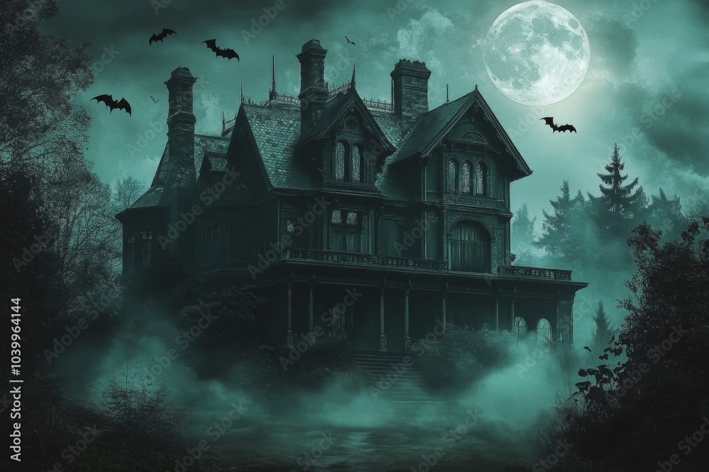 Spooky Gothic Mansion with Bats Flying Around at Night with Moon, Trees, and Foggy Sky Spooky Gothic Mansion with Bats Flying Around at Night with Moon, Trees, and Foggy Sky