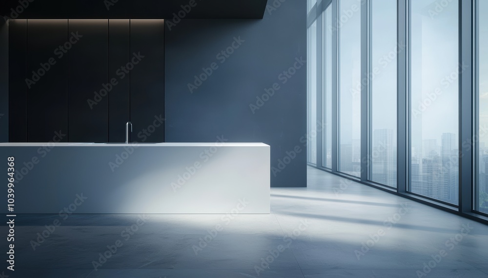 Fototapeta premium Modern interior design with sleek surfaces and large windows for natural light.