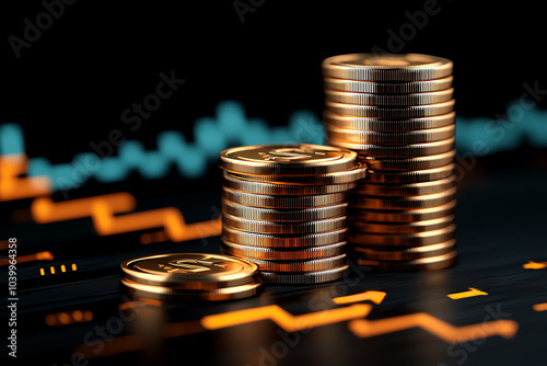 Close-up of stacked coins on a dark background with investment graphs, symbolizing wealth and financial growth. photo