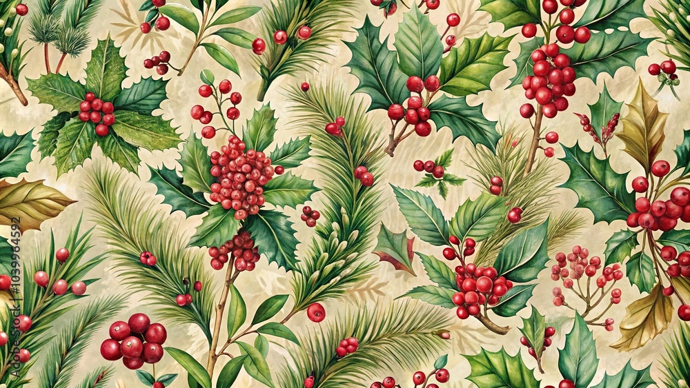 Fototapeta premium close-up vintage christmas decoupage paper seamless pattern with botanical elements berries leafs branches flowers