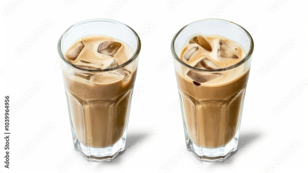 Two glasses of coffee with ice cubes in them Two glasses of coffee with ice cubes in them