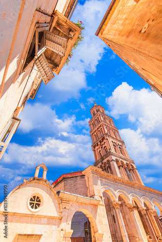 Split, Croatia: Diocletian palace ruins and Cathedral of Saint Domnius bell tower in historic center of Split, Dalmatia