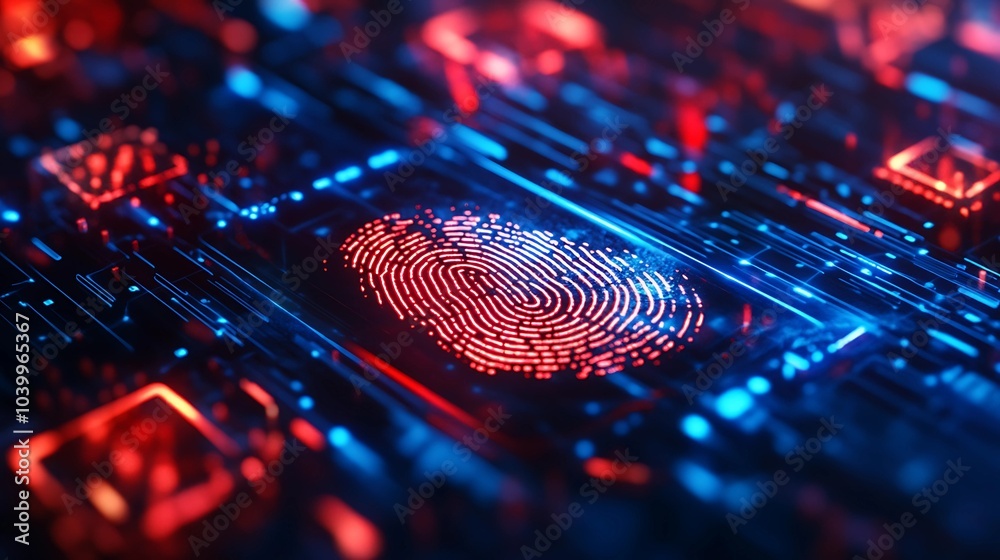 Close-up of a digital fingerprint being scanned in a futuristic interface, with multi-layered security shields and encrypted codes swirling around in vibrant red and blue hues Close-up of a digital fingerprint being scanned in a futuristic interface, with multi-layered security shields and encrypted codes swirling around in vibrant red and blue hues