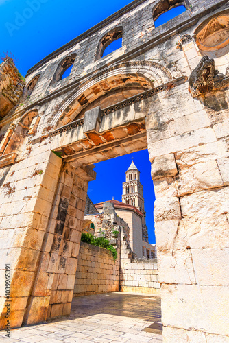 Split, Croatia: Diocletian palace ruins and Cathedral of Saint Domnius bell tower in historic center of Split, Dalmatia