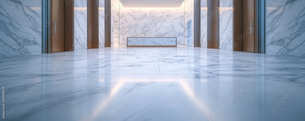 Fototapeta premium Modern, elegant interior design showcasing marble flooring and wooden accents.