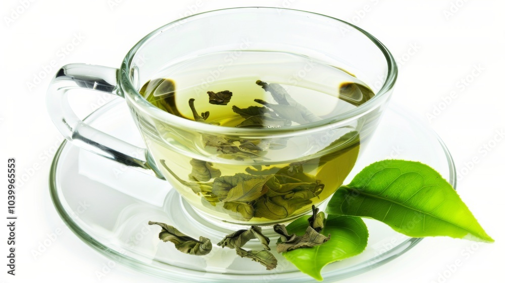 Cup of green tea with a leaf on top Cup of green tea with a leaf on top