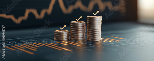 Stacks of coins rising against a financial graph, symbolizing growth and investment success in a modern economy.