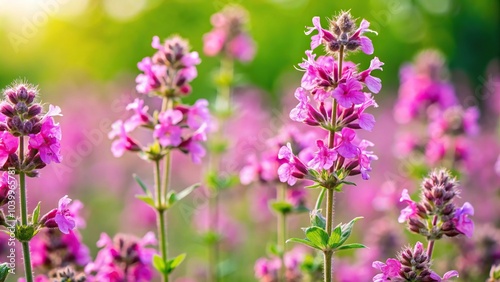 Close-Up Wall germander plant with pink flowers on a meadow in summer Teucrium chamaedrys