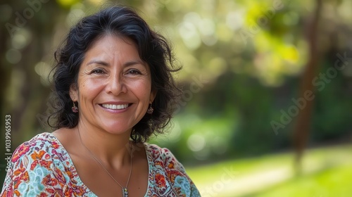 cheerful portrait of a middle-aged hispanic woman outdoors, exuding positivity and pride, surrounded by natural beauty, capturing her vibrant spirit and connection to culture
