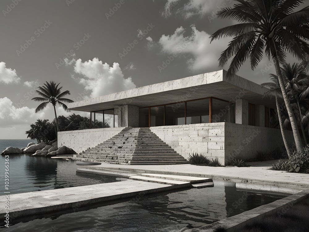 Fototapeta premium Stylish Modern Villa with Pool Surrounded by Palm Trees