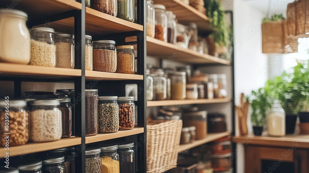 chic kitchen pantry, organized with an array of neatly arranged jars, containers, and baskets, showcasing a blend of functionality and style, bright and welcoming atmosphere radiating warmth chic kitchen pantry, organized with an array of neatly arranged jars, containers, and baskets, showcasing a blend of functionality and style, bright and welcoming atmosphere radiating warmth
