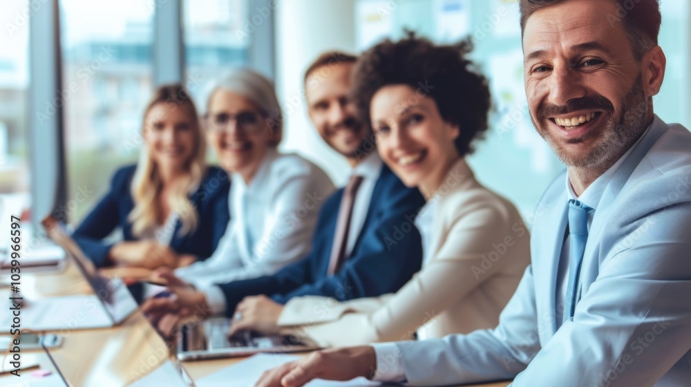 Group of people sitting at a table with a man smiling Group of people sitting at a table with a man smiling