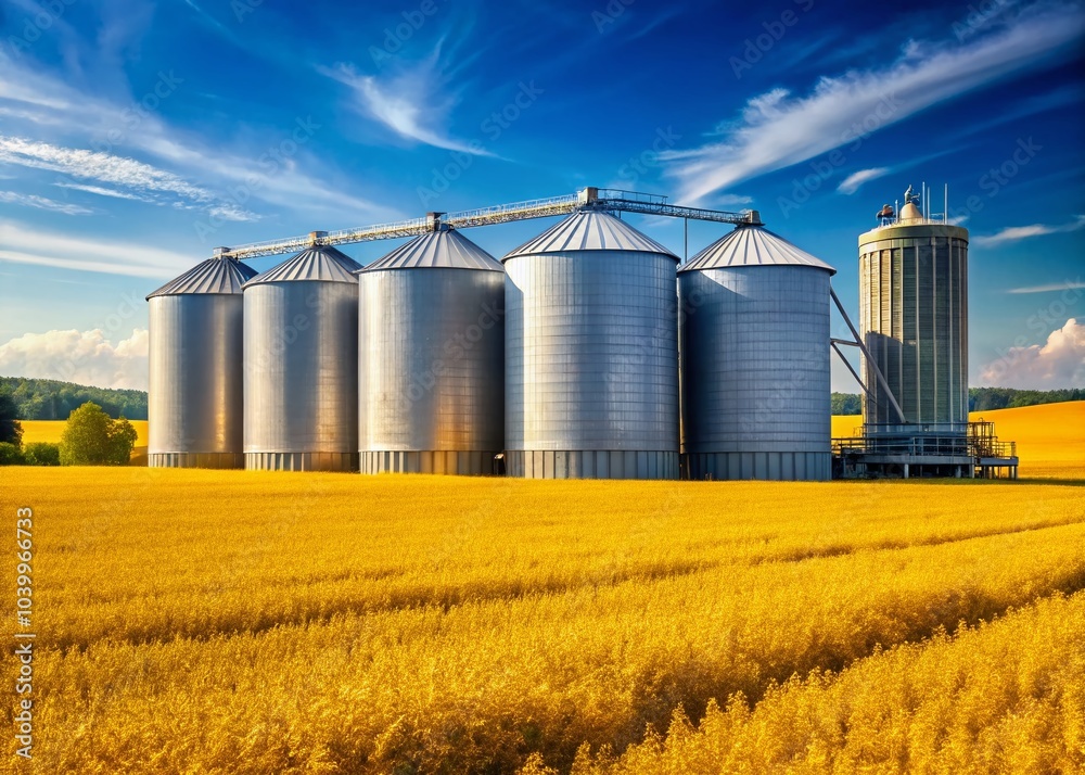 Farm Silos Storage Towers Surrounded by Golden Crops - Documentary Photography Farm Silos Storage Towers Surrounded by Golden Crops - Documentary Photography