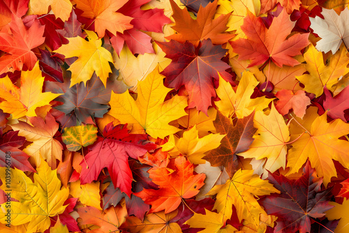 A background of colorful autumn leaves in various shades of orange, yellow, and red