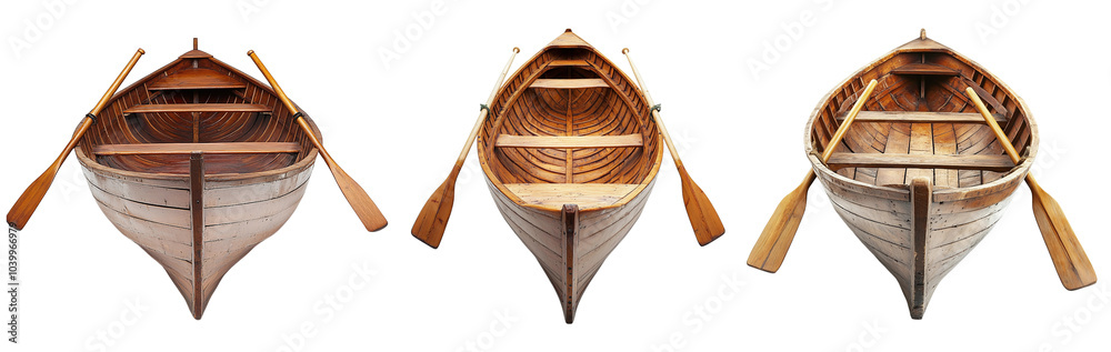 set of classic wooden rowboat with two wooden oars, isolated on a clean white or transparent background, perfect for product display