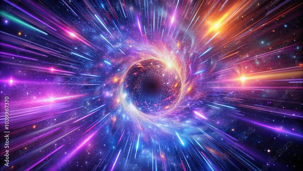 Naklejka premium Fast Flight Through Wormhole: Hyperspace Journey in a Cosmic Starry Background