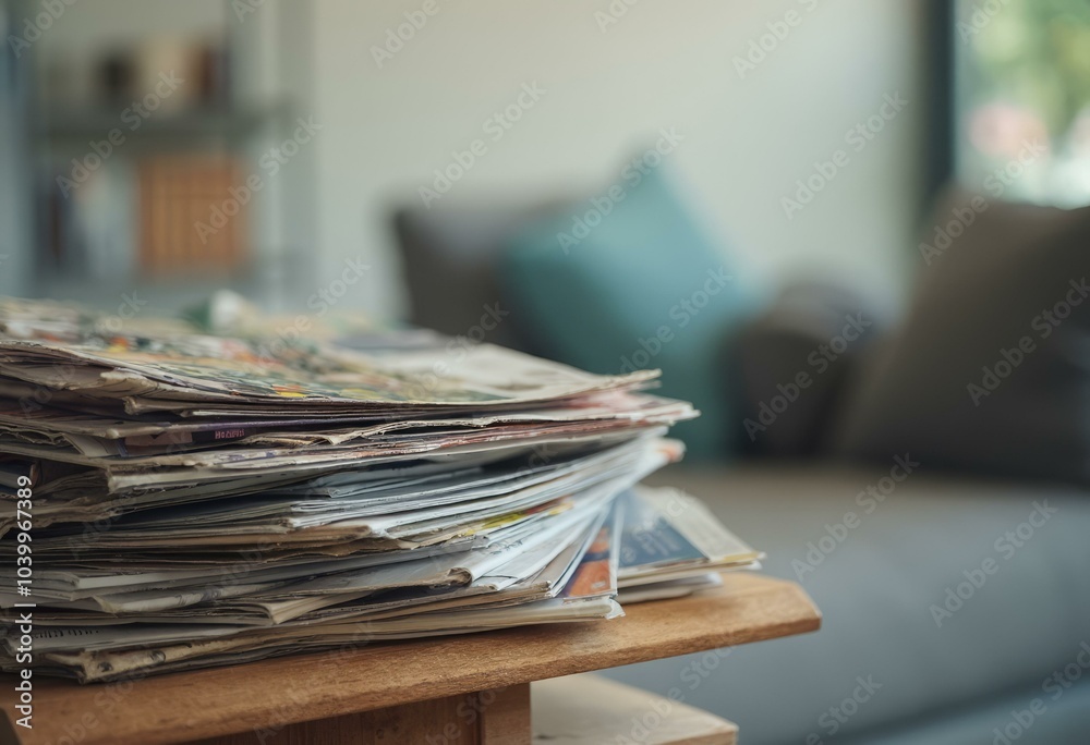 Stack of Newspapers on Wooden Table in Cozy Living Room Stack of Newspapers on Wooden Table in Cozy Living Room