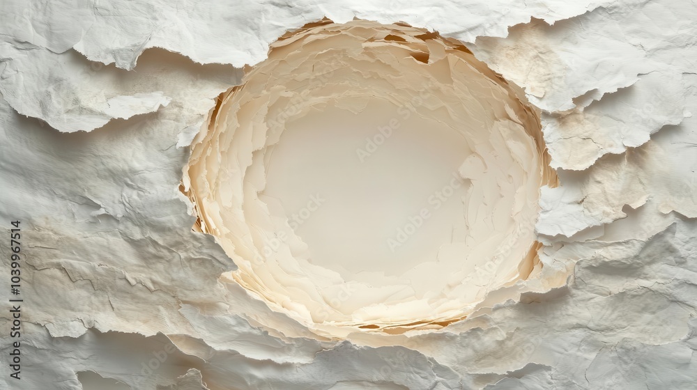circular hole in textured paper, ripped with natural edges, exposing the white background behind, creating an intriguing visual depth and perspective