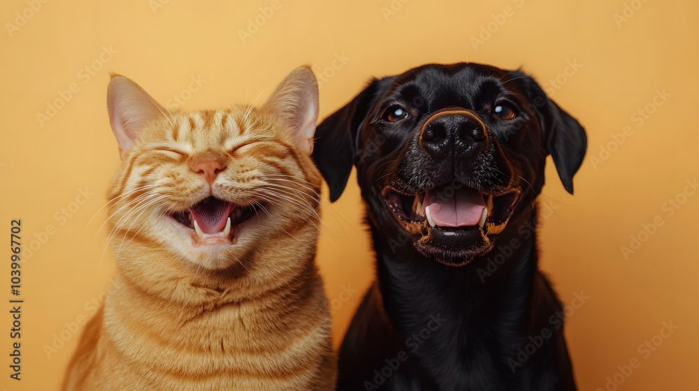 Close-up studio portrait of a happy ginger tabby cat and smiling black dog with vibrant colors and contrasting fur textures, capturing their joyful friendship and expressions. Close-up studio portrait of a happy ginger tabby cat and smiling black dog with vibrant colors and contrasting fur textures, capturing their joyful friendship and expressions.