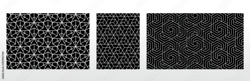 Geometric set of seamless black and white patterns. Simple vector graphics. Geometric set of seamless black and white patterns. Simple vector graphics.
