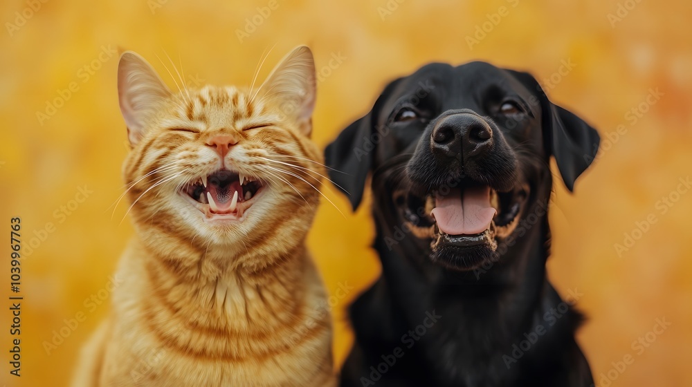 Obraz premium Close-up studio portrait of a happy ginger tabby cat and smiling black dog with vibrant colors and contrasting fur textures, capturing their joyful friendship and expressions.