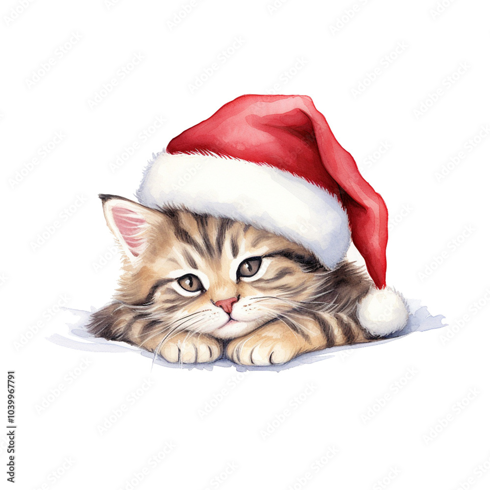 Cute sleepy cat in Santa Claus hat. Watercolor illustration. Cute sleepy cat in Santa Claus hat. Watercolor illustration.