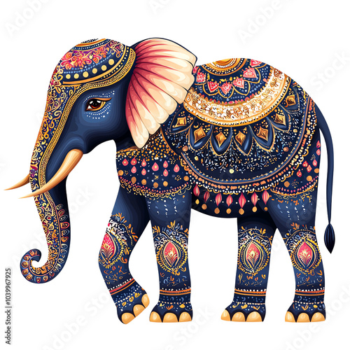 Decorative blue elephant with intricate patterns, white isolated background. photo