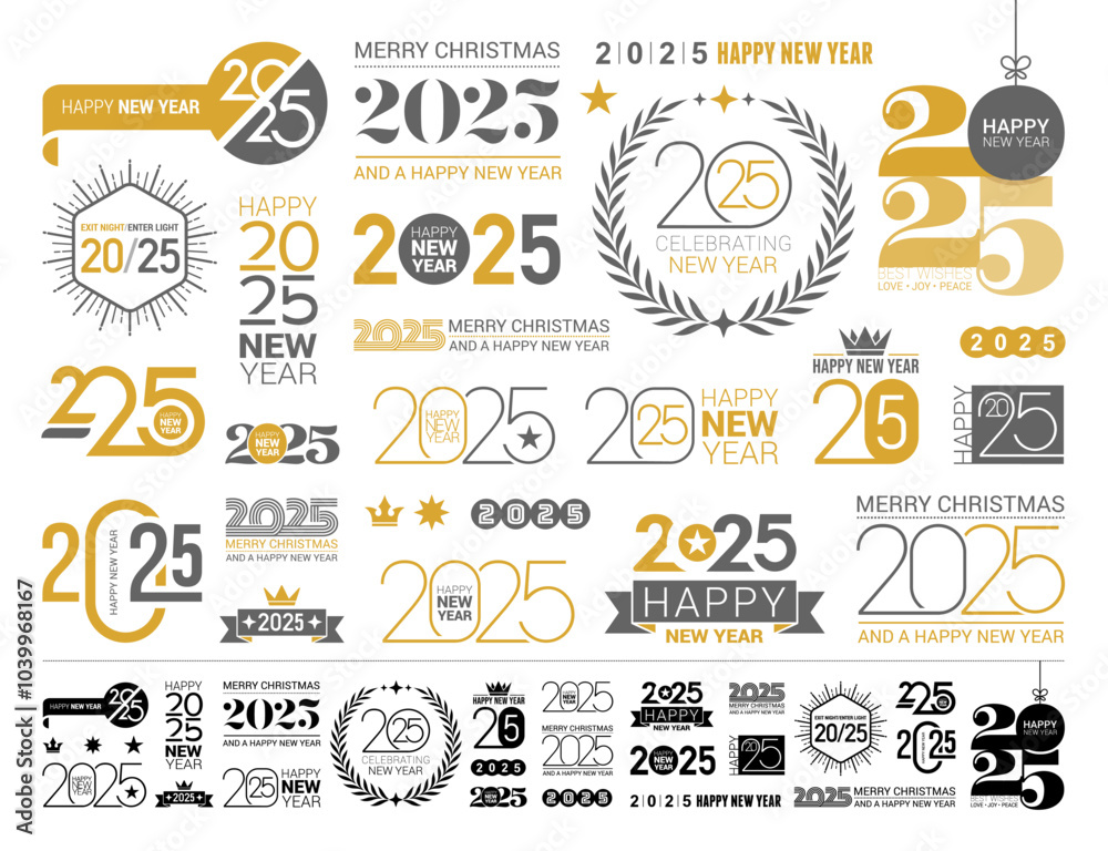 Big Collection of Happy New Year 2025 logo Templates. Both Black and Gold and full Black Styles included. Full Vector Illustrations. Big Collection of Happy New Year 2025 logo Templates. Both Black and Gold and full Black Styles included. Full Vector Illustrations.