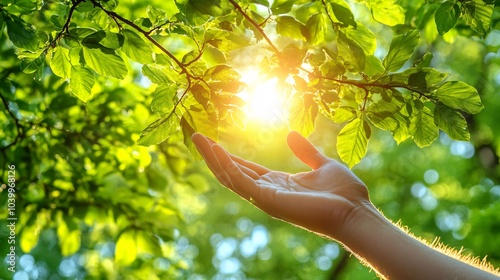 A hand reaching toward the sunlight filtering through tree branches symbolizing hopefulness and connection to nature Stock Photo with side copy space photo