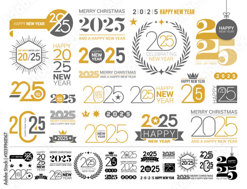 Big Collection of Happy New Year 2025 logo Templates. Both Black and Gold and full Black Styles included. Full Vector Illustrations.