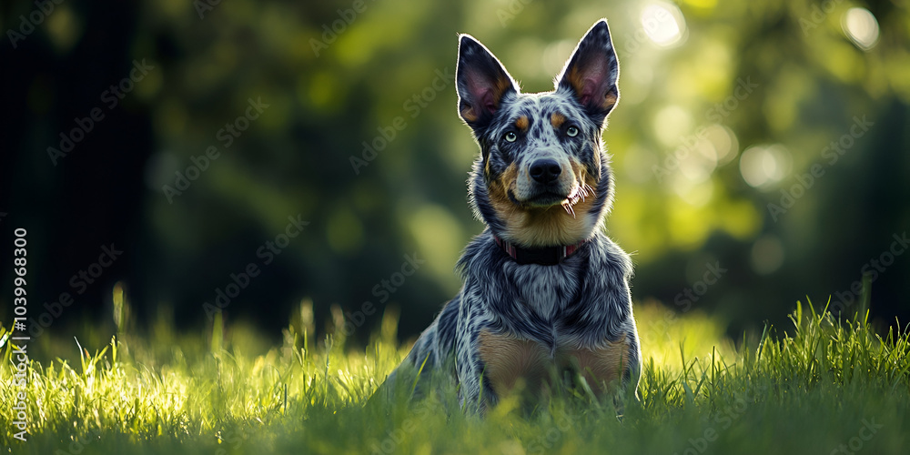 Australian Cattle Dog Sitting in a Sunlit Field at Sunset
