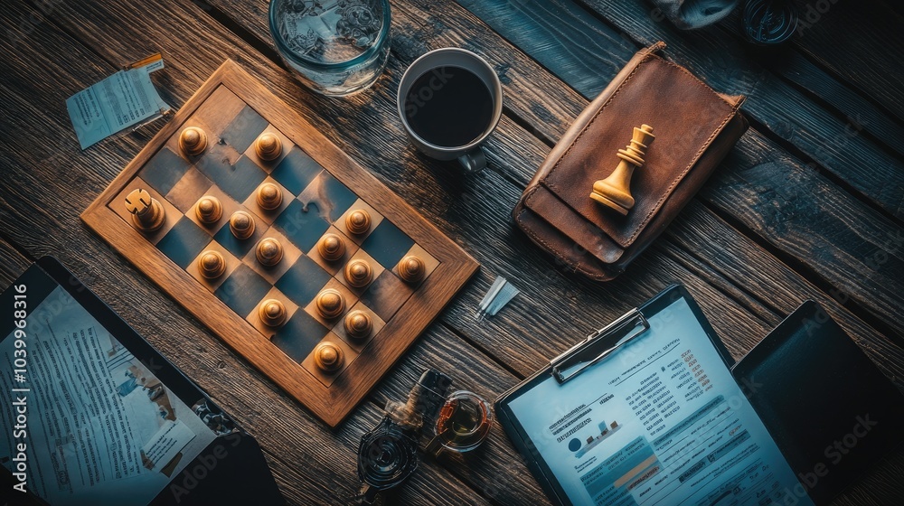 Chess Strategy on Wooden Table with Coffee and Paperwork