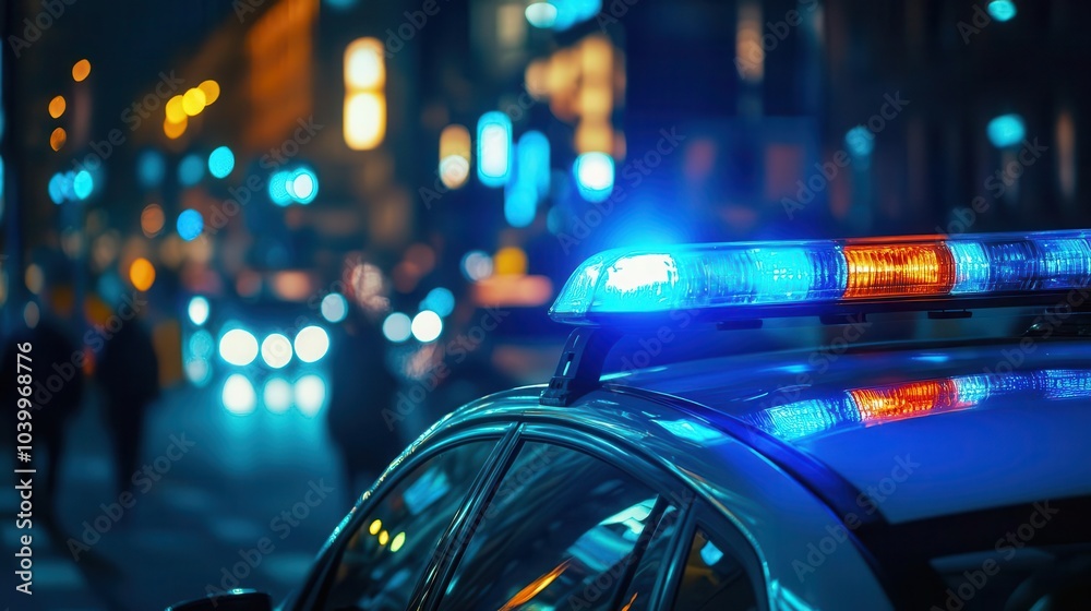 close-up of a flashing blue siren atop a police car, illuminating the city street at night. urban life unfolds in the background, portraying the themes of law enforcement and public safety close-up of a flashing blue siren atop a police car, illuminating the city street at night. urban life unfolds in the background, portraying the themes of law enforcement and public safety