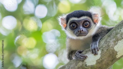 Close-up of a gray-bellied night monkey (Aotus lemurinus) on a tree branch