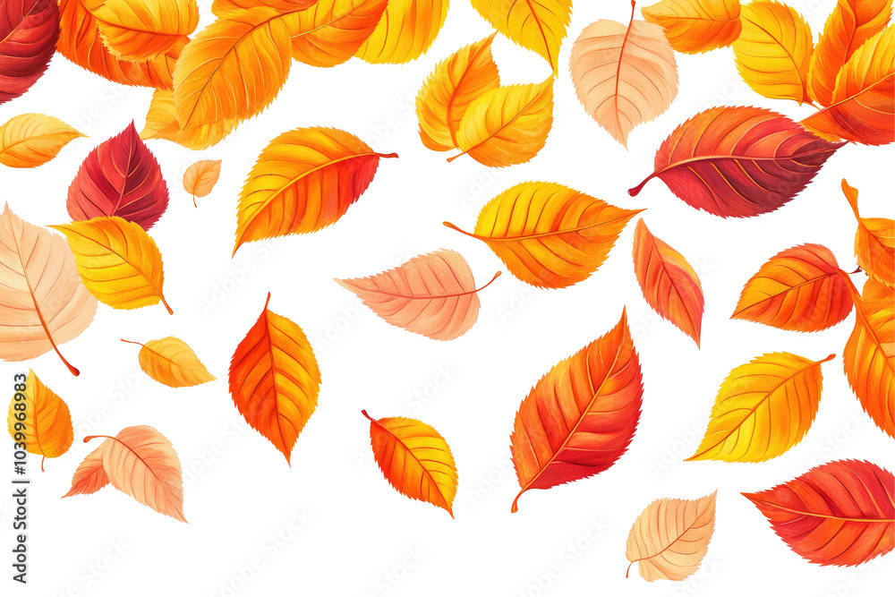 Obraz premium Autumn Leaves Collection, vibrant orange and yellow foliage cascading gracefully against a clean white backdrop, celebrating seasonal beauty.