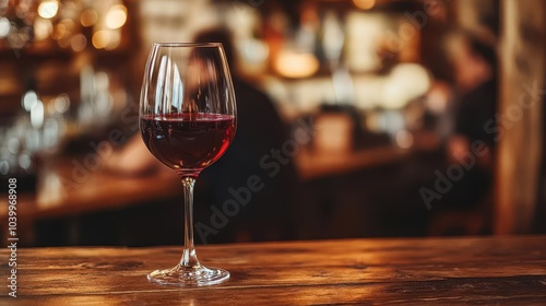 close-up of a glass of red wine on a bar table, blurred background of people enjoying a cozy tasting event, rich colors and textures enhancing the warm ambiance of social interaction