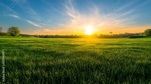 Panoramic sunrise over a lush green lawn and vibrant blue sky with golden sunlight, long shadows, dew drops, and a serene countryside atmosphere with soft warm light.