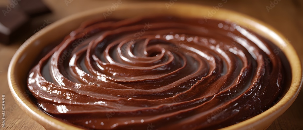 A smooth, rich chocolate frosting swirled in a bowl, ready for dessert preparation.