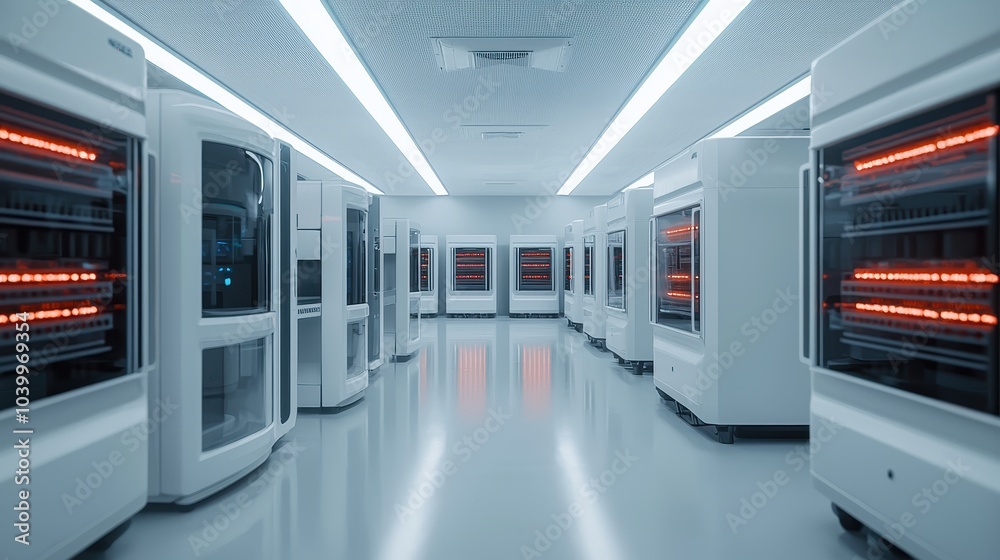 A futuristic room lined with white chillers featuring glowing red elements, creating a high-tech and sterile environment.