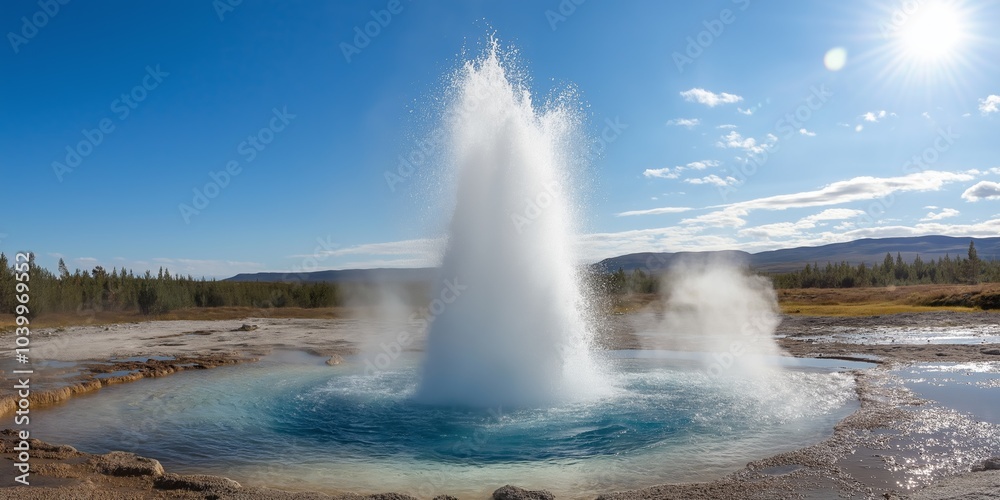 A large geyser erupts from the ground, spewing water into the air. The sky is clear and blue, and the sun is shining brightly. The scene is peaceful and serene A large geyser erupts from the ground, spewing water into the air. The sky is clear and blue, and the sun is shining brightly. The scene is peaceful and serene