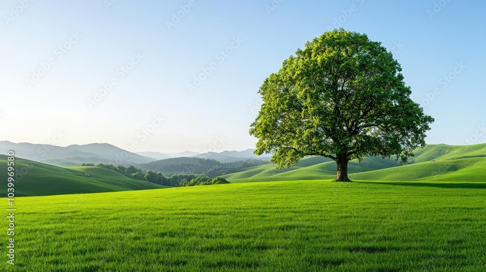 Fototapeta premium Lone green tree on vibrant hill under clear blue sky.