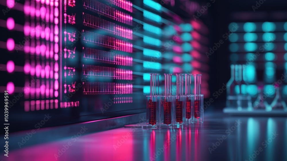 A futuristic laboratory setting with glowing test tubes filled with red liquid, surrounded by colorful digital displays and illuminated surfaces.