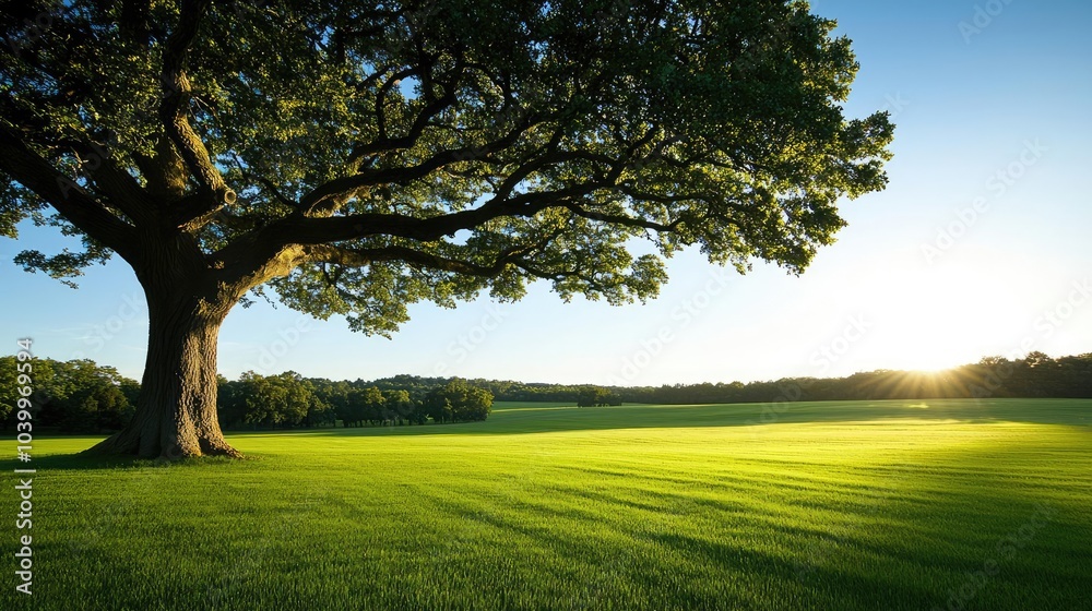 Fototapeta premium A majestic oak tree standing tall in a lush green field under bright blue skies.