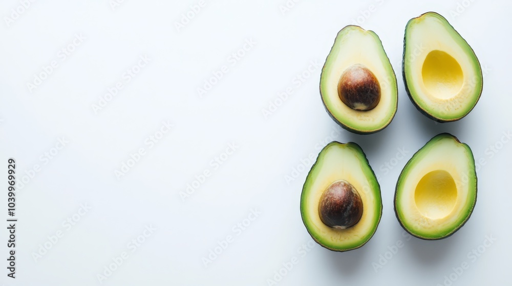 A minimalist arrangement of halved avocados showcasing their creamy texture and seed. A minimalist arrangement of halved avocados showcasing their creamy texture and seed.