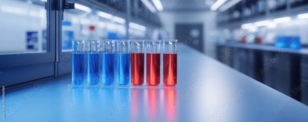 A row of test tubes with blue and red liquids in a modern laboratory setting, showcasing a scientific atmosphere.