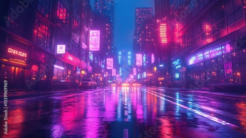 neonlit streets of a cyberpunk city at night showcasing modern buildings bathed in purple lights creating a captivating and immersive urban atmosphere