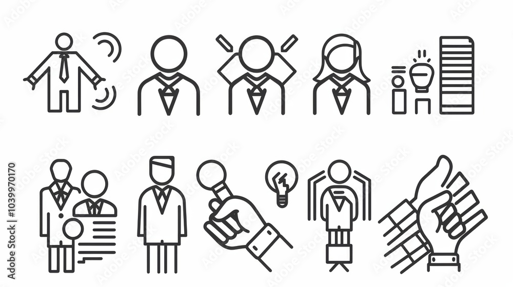 Series of people in business attire with one person holding a microphone