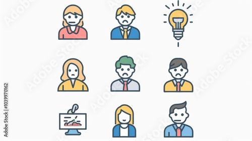 Set of cartoon faces with a light bulb on top