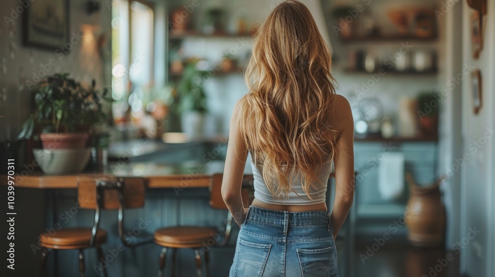 Back view of a beautiful young woman standing in the kitchen at home Back view of a beautiful young woman standing in the kitchen at home